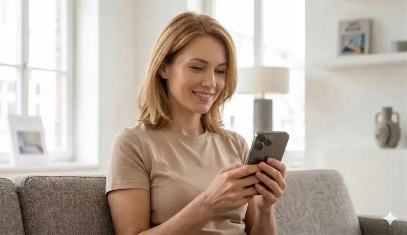 Kontaktaufnahme zur Kinderwunsch-Begleitung Frau mit Smartphone auf dem Sofa als Symbol für persönliche Kontaktaufnahme und Terminabstimmung